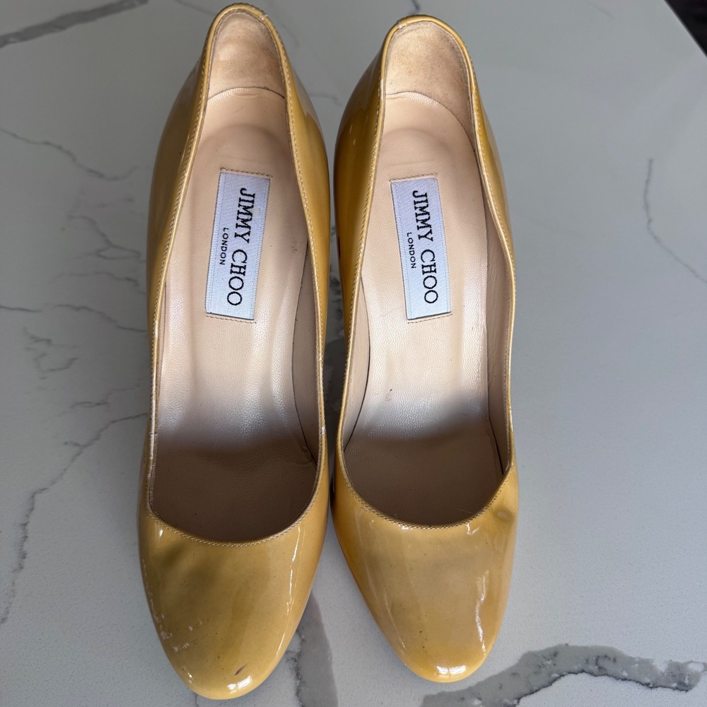 Jimmy Choo Mustard Yellow Patent Leather Platform Stiletto Pumps Heels Size 37